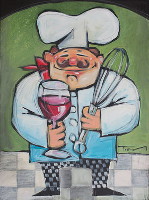 chef with wine and whisk